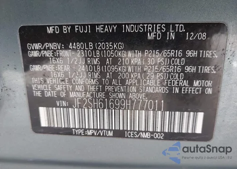 2009 Subaru Forester 2.5X from USA, damaged, VIN JF2SH61699H777011